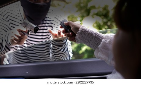 Thief, Male In Long Sleeve White And Black Striped With Short Gun, Rob Woman In Car. Robber Threaten Asian Female Driver In Sedan Car In Day. Car Key Stolen.