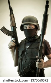 Thief Man Armed Shotgun Bulletproof Vest Stock Photo 1375060592 ...