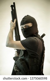 Thief Man Armed Shotgun Bulletproof Vest Stock Photo 1375060598 ...