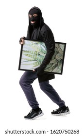 Thief With Picture Stolen From Art Gallery On White Background