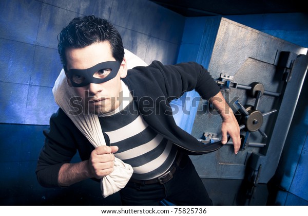 thief running\
out of a bank vault, low-key\
photo