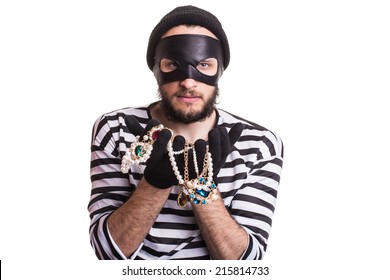 Thief Showing Stolen Jewelry. Portrait Isolated On White Background   