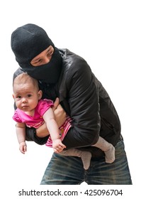 Thief Is Stealing Kidnapped Baby. Children Kidnapping Concept. Isolated On White Background.