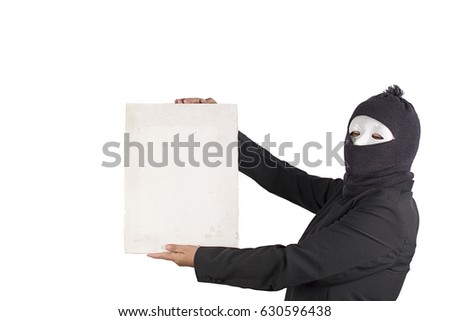 Thief woman hold old white board.
