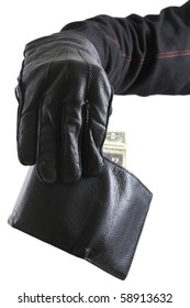 Thief's Hand Taking Money From Stolen Wallet Isolated On White Background.