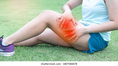 Thigh Muscle Pain Caused By Strenuous Exercise. This Injury Is Often Caused By A Variety Of Sports Such As Running, Soccer, Basketball, Etc.