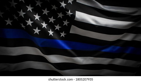 Thin Blue Line Wavy American Flag In Support Of Police And Law Enforcement