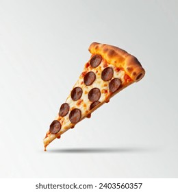 Thin crispy pepperoni pizza slice isolated on a solid white backdrop. Melted mozzarella cheese and scattered spicy pepperonis cover the entire slice of bread