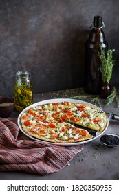 Thin Crust Pizza With Vegetables And Cheese. Vegetarian Hot Cuisine.