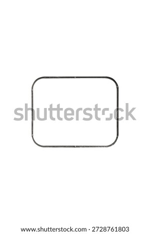 Thin dark gray metal rectangular transport window with rounded corners is isolated.