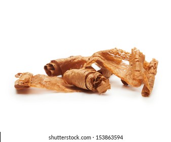 Thin Honduras Mahogany Wood Shavings, Isolated On White.