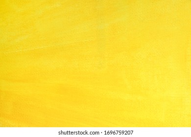 Thin Layer Of Bright Yellow Paint On Canvas.  Fragment Of Artwork Close-up. Modern Art. 