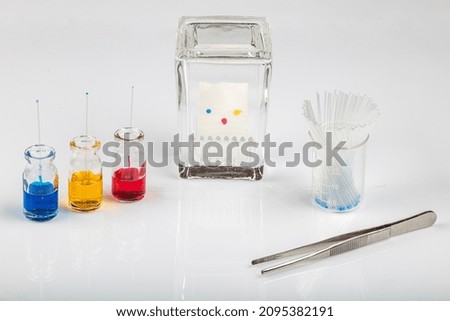 Thin layer chromatography equipments include jar, silica gel, capillary and compounds. TLC method used in purity analysis of compounds in chemistry laboratory.