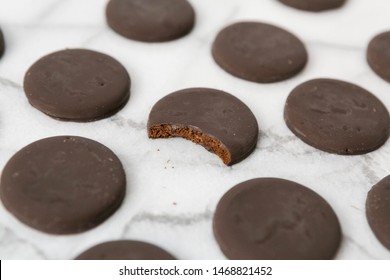 Thin Mints Cookies On White Marble Background, Chocolate Mint Thin Round Cookies