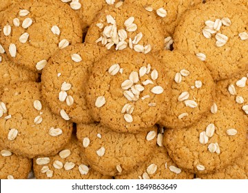 Thin Oatmeal Cookies Texture Background. Healthy Cereal Oat Crackers Pattern, Anzac Biscuit Cookie Wallpaper Top View