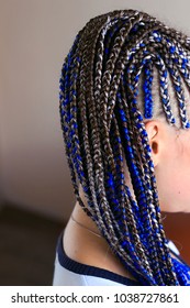 thin pigtails are gathered in the tail, blue hair, African style close-up, ethnic hairstyle background, youth hairstyle, braided in tight braids