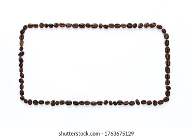 A thin rectangular frame made of many coffee beans. Isolated on a white background, copy space for text