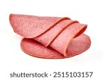 Thin salami sausage slices, isolated on white background.