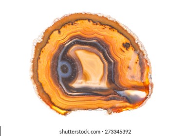 Thin slice of agate geodes with concentric layers isolated over a white background