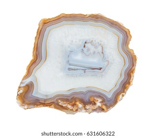 Thin Slice Of Multicolor Lacy Agate Geodes With Concentric Layers Isolated On White Background