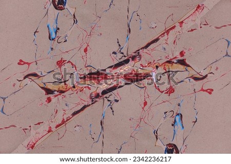 Thin splashes of red, black, blue colors of acrilyc painting Abstract symmetrical pattern background. Free hand drawing. Right brain drawing. Illustration