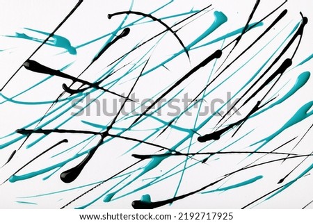 Thin turquoise and black lines and splashes drawn on white background. Abstract art backdrop with blue brush decorative stroke. Acrylic painting with cerulean graphic stripe.