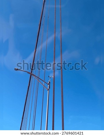 Thin vertical lines, likely cables from a bridge or transmission lines, set against a bright solid blue background. 