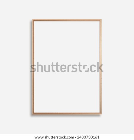 Thin vertical rose gold vintage frame on a white background, gold frame mockup