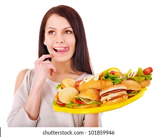 Thin Woman Holding Group Hamburger.