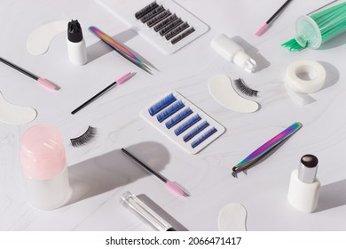 Things For The Work Of Lash-makers, Artificial Eyelashes, Microbrachis, Glue, Tweezers, Combs, Brushes For Eyelash Extensions. Eyelash Extension, Painting Of Eyebrows.