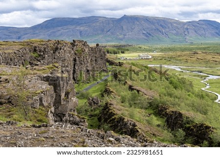 Thingvellir rift valley of the mid Atlantic ridge and historic assembly site of Althing or Law Rock in Parliament plains in Iceland