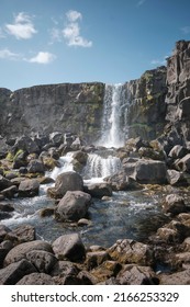 Thingvellir waterfall and small river in Iceland