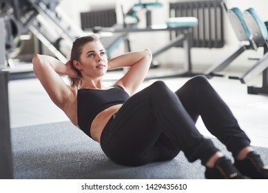 Think About Results. Photo Of Gorgeous Blonde Woman In The Gym At Her Weekend Time.