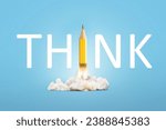 Think, creative idea. Text Think and creative pencil take off with smoke and blast on a blue background, concept. Think differently and be a leader.