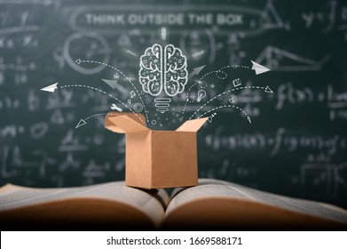 think outside the box school green blackboard   startup  education concept  creative idea  leadership 