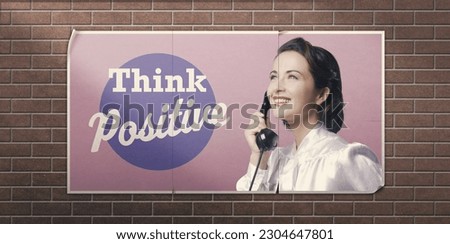 Think positive vintage inspirational advertisement with happy woman