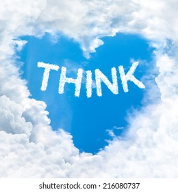 think word on blue sky inside heart cloud form