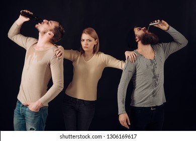 I Think You Should Stop Drinking. Party People. Sober Woman With Drunk Men. Pretty Woman And Men Friends Drinking Alcohol. Friends Have Drinking Party. Alcohol Abuse Results In Harm To The Health.
