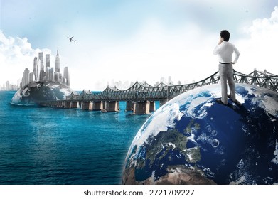 Thinking about the future while standing on the world and observing a city skyline and a bridge in the distance