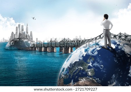Thinking about the future while standing on the world and observing a city skyline and a bridge in the distance