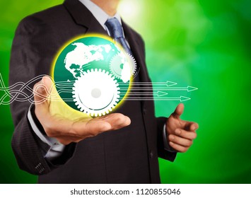 Thinking about structuring virtual diagram of business process with solutions. 3d earth globe in his hands, elements by NASA.