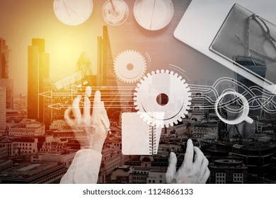 Thinking about structuring virtual diagram of business process with solutions. justice and law concept.businessman or lawyer or accountant working on accounts using a calculator and laptop computer.