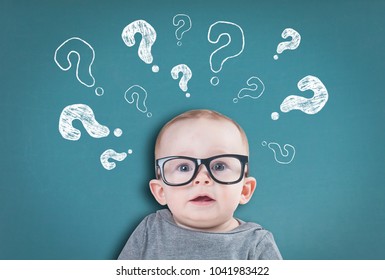 Thinking Baby With Question Marks On  Background