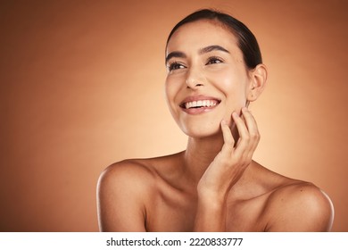 Thinking, Beauty And Skincare Of Hispanic Woman Against A Brown Studio Background. Clean, Smooth Face Skin Of A Happy Woman After Cosmetology And Dermatology Treatment For Health And Wellness
