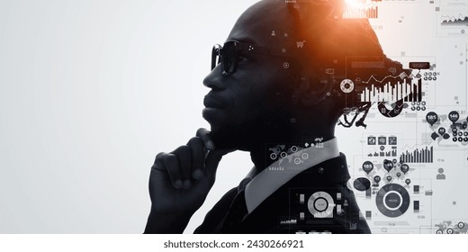 Thinking black man and statistical data concept. AI(Artificial Intelligence).