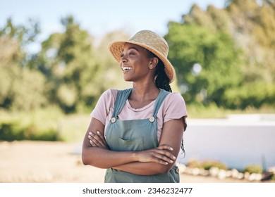 Thinking, black woman and farmer with arms crossed, happy and sustainability outdoor. Idea, agriculture and confident person smile in nature, agro and eco friendly vision in summer garden countryside - Powered by Shutterstock