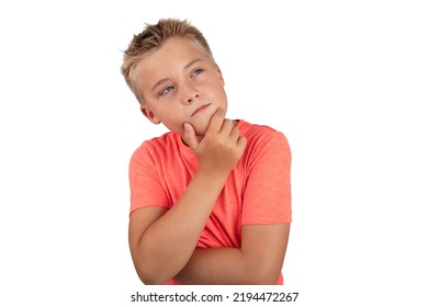 THINKING BOY LOOKING UP WHILE SUPPORTING HIS KIN ISOLATED ON WHITE BACKGROUND - Shutterstock ID 2194472267