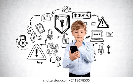Thinking boy using phone in hands, diverse cyber security doodle sketch, lock and computer icons on grey concrete wall background. Concept of safe internet for kids and parental control