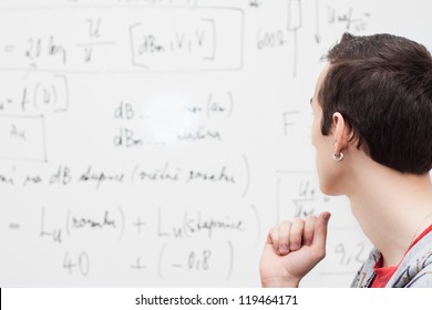 Thinking Boy With Whiteboard Solving Equation