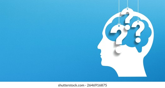 Thinking Brain with Question Marks design on blue background